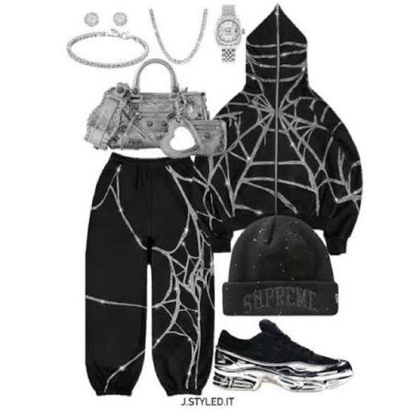 RARE Named Collective Poison Spider Web Rhinestone Track Suit Hoodie Pants - Picture 2 of 8